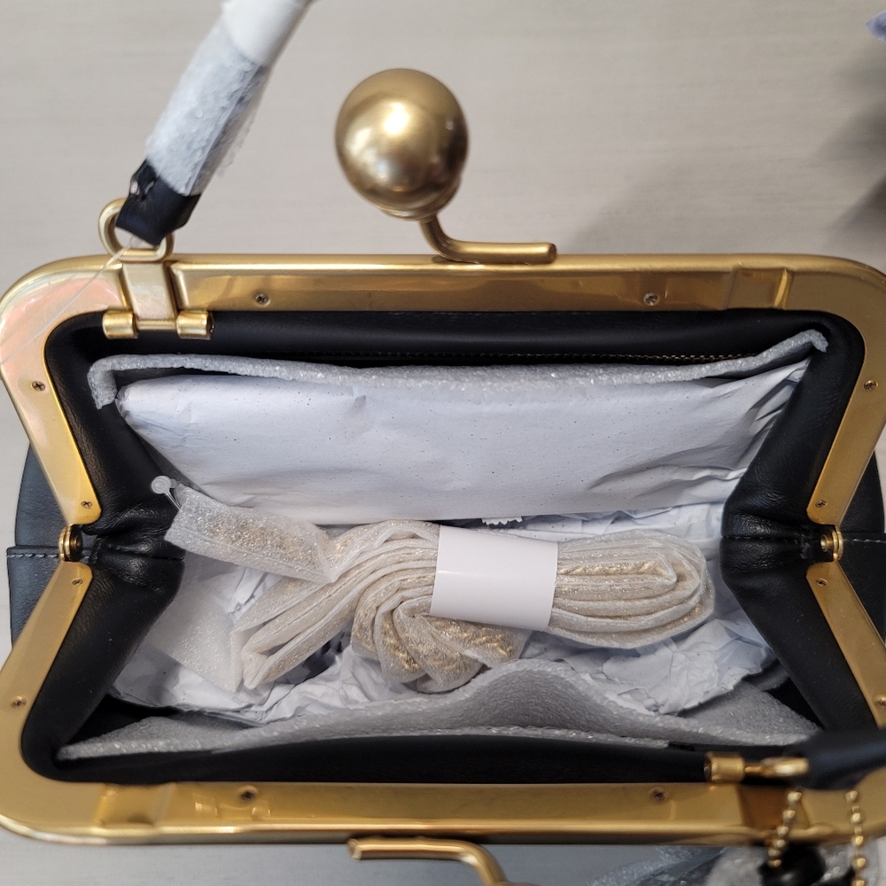 Coach Kisslock Frame Bag 16 in Brass/Black Glove-Tanned Leather NWT - Picture 5 of 12